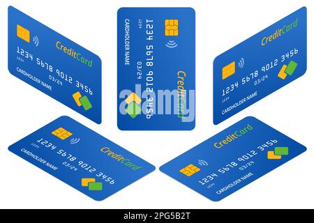 Carte di credito con design isometrico isolate su sfondo bianco. Carte di credito mockup vettoriali Illustrazione Vettoriale