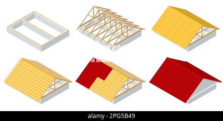 Costruzione di tetti isometrici. Concetto di edificio residenziale in costruzione. Casa in costruzione. Isolamento del tetto. Illustrazione Vettoriale