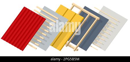 Costruzione di tetti isometrici. Concetto di edificio residenziale in costruzione. Casa in costruzione. Isolamento del tetto. Illustrazione Vettoriale