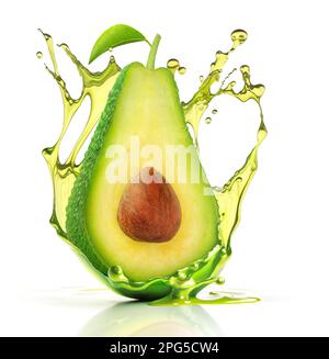 Metà di avocado con nocciolo in un tuffo di olio, isolato su sfondo bianco Foto Stock