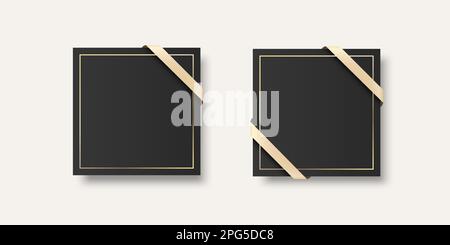 Carta nera vuota Vector Square. Opuscolo, cartolina, modello di disegno del biglietto di auguri per marcare a caldo, Congratulazioni, invito con nastro di seta, dorato Illustrazione Vettoriale