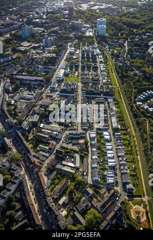 Veduta aerea, casa di filari tra Feldahornstraße e Rheinische Straße nel quartiere Feldmark a Gelsenkirchen, Ruhr, Nord Reno- Foto Stock