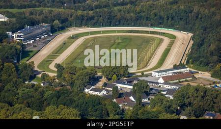 Vista aerea, pista di trotting GelsenTrabPark nel distretto Feldmark a Gelsenkirchen, zona della Ruhr, Renania settentrionale-Vestfalia, Germania, 2 ponti sul W Foto Stock