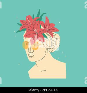 Antica dea decorativa greca donna. Scultura antica con bouquet di fiori di giglio sulla testa e occhiali da sole. Trend vettoriale isolato Illustrazione Vettoriale