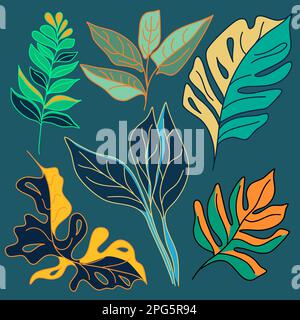 Set di foglie tropicali e piante vettore illustrazione Illustrazione Vettoriale