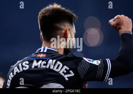 BARCELLONA - FEBBRAIO 13: Brais Mendez celebra un gol durante la partita di LaLiga tra RCD Espanyol e Real Sociedad allo Stadio RCDE il 13 febbraio, Foto Stock