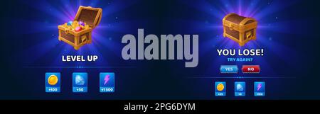 Alza il livello e sconfiggi lo sfondo vettoriale del gioco dell'interfaccia utente mobile. Banner schermo GUI WIN con interfaccia cassa tesoreria. Il testo e la grafica dei pulsanti non vengono definiti dall'utente. Trofeo di conquista della vittoria e set di elementi perdenti. Illustrazione Vettoriale
