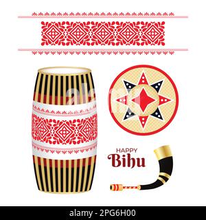 Felice anno nuovo Bihu Assam. India tradizionale Harvest Festival Graphic Resource Vector Illustration. Tamburo (onoinya), stampa tessuto, corno (pepa), cappello Illustrazione Vettoriale