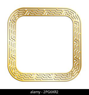 Cornici quadrate A LABIRINTO dorate per connettori decorativi. Ornamenti greci antichi in metallo d'oro isolati su sfondo bianco. Vettore Illustrazione Vettoriale