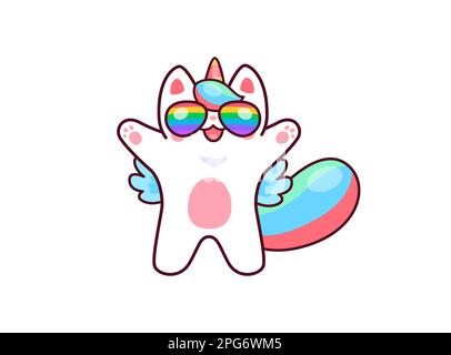 Cartoon carino kawaii casticorno personaggio in occhiali arcobaleno, gatto unicorno in occhiali da sole, vettore kitty bambini. Allegro divertente cavicorno o felice kitty bambino u Illustrazione Vettoriale