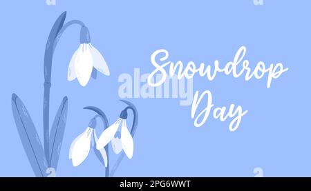 Fiori gocce di neve bianca con foglie. La primavera sta arrivando. Snowdrop giorno. Illustrazione vettoriale isolata su sfondo blu Illustrazione Vettoriale