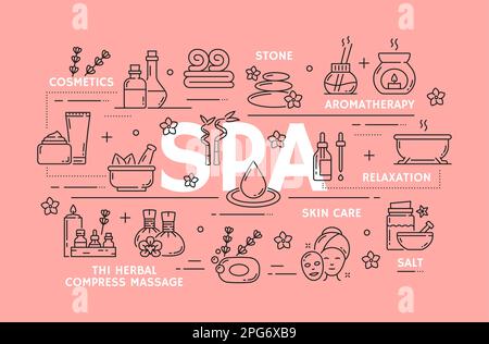 Spa e bellezza del viso, cura della pelle, massaggio. Donna salone di bellezza, cura della pelle cosmetici prodotti naturali negozio contorni icone o simboli con massaggio st Illustrazione Vettoriale