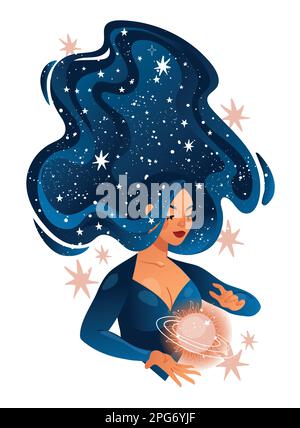 Bella strega boho con una palla magica di previsioni, personaggio per tarocchi, astrologia, zodiaco. Personaggio femminile mistico con stelle nei capelli. Moder Illustrazione Vettoriale