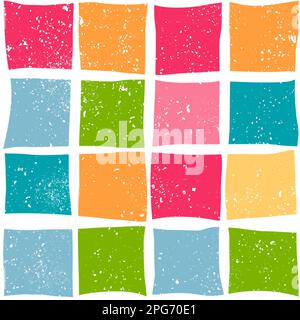 Disegno a mano senza cuciture con colorati quadratini, scacchiera a scacchi rosa blu verde arancione con texture bianca, stile moderno di design di metà secolo, sfondo contemporaneo astratto con stampa geometrica Foto Stock