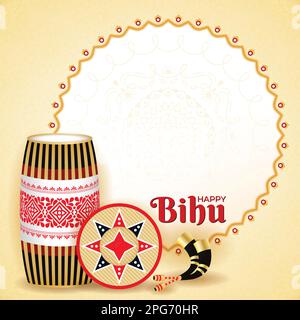 Poster dell'anno nuovo di Happy Bihu Assam. Tradizionale India Harvest Festival Square Graphic Resource Vector Illustration. Tamburo (onoinya), corno (pepa), cappello Illustrazione Vettoriale