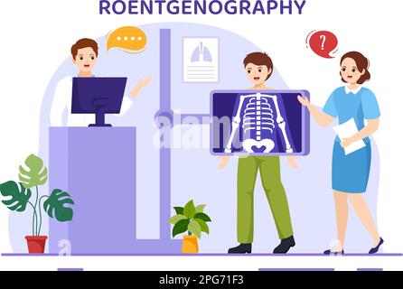 Illustrazione della Roentgenografia con procedura di controllo del corpo in fluorografia, scansione a raggi X o Roentgen in Health Care Flat Cartoon modelli disegnati a mano Illustrazione Vettoriale