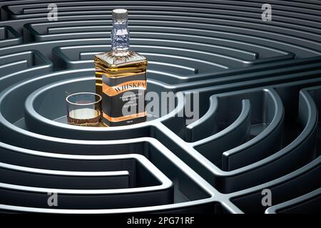 Bottiglia di whiskey e bicchiere pieno di whiskey all'interno del labirinto, labirinto. Rendering 3D Foto Stock
