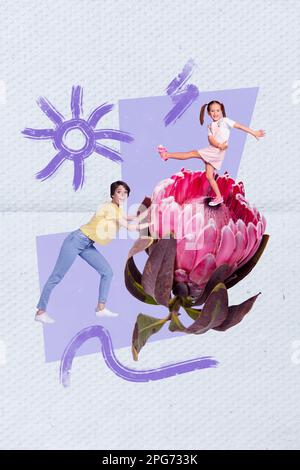 Creative cartolina collage madre giorno vacanza famiglia piccola scolaretta figlia danza celebrare spingere fresco fiore isolato su sfondo blu Foto Stock