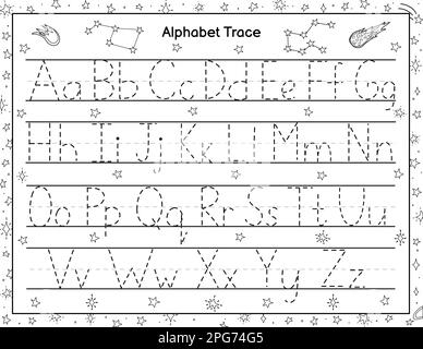 Pagina attività traccia alfabeto per bambini. Pratica di scrittura a mano delle lettere. Spazio in bianco e nero del foglio di lavoro Illustrazione Vettoriale