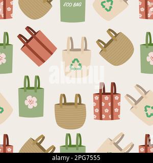 Motivo senza cuciture con borse tote. Sacchetti di tela riutilizzabili ecologici. Illustrazione Vettoriale
