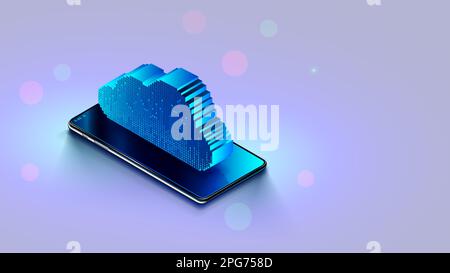 3d icona dello smartphone cloud su schermo. Concetto di background del cloud computing. Caricamento dei dati nella memoria online su Internet tramite smartphone. Telefono cellulare sy Illustrazione Vettoriale