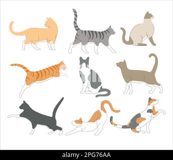 Set di gatti in uno stile di disegno linea. Collezione di icone astratte e minimaliste di gatto. Disegno a linee contunuose del gatto. Illustrazione vettoriale. Illustrazione Vettoriale