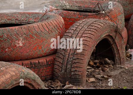 vecchi pneumatici in pista nel pomeriggio nel parco Foto Stock