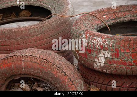 vecchi pneumatici in pista nel pomeriggio nel parco Foto Stock