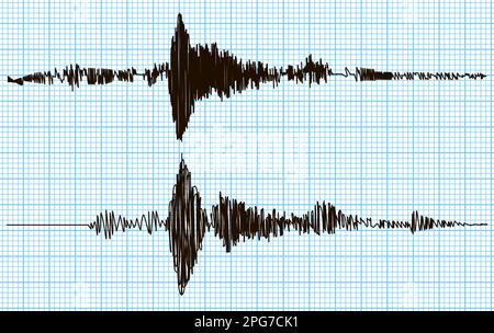 Doppio sismogramma dell'attività sismica o record del rilevatore di Lie su carta blu. Diagramma delle onde audio terremoti. Movimento del suolo, eruzione del vulcano. Poli Illustrazione Vettoriale