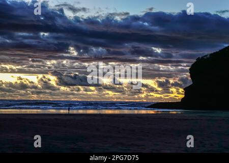 Spiaggia di te Henga (Bethells Beach) al tramonto Foto Stock