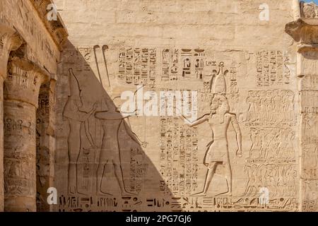 Bassorilievo al Tempio mortuario di Amenhotep III, vicino a Luxor, Egitto Foto Stock