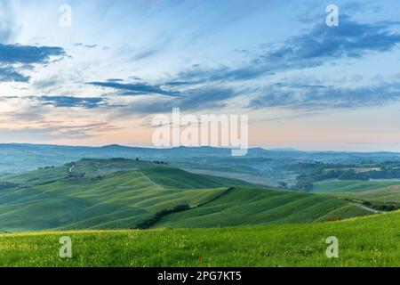 Vista rurale delle colline e delle valli all'alba Foto Stock