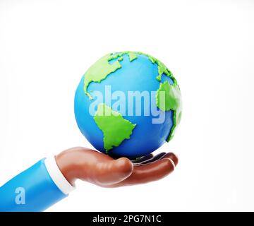 Sustain Earth Concept: Mani stilizzate di plastilina umana che tengono la Terra Foto Stock