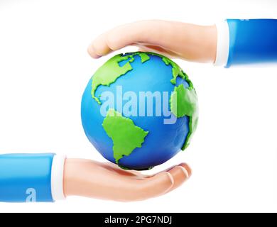 Sustain Earth Concept: Mani stilizzate di plastilina umana che tengono la Terra Foto Stock