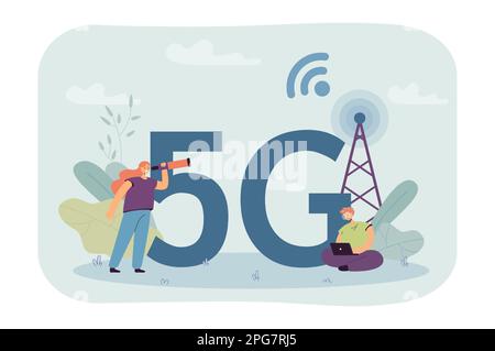 Caratteri minuscoli maschili e femminili con enorme simbolo 5G Illustrazione Vettoriale