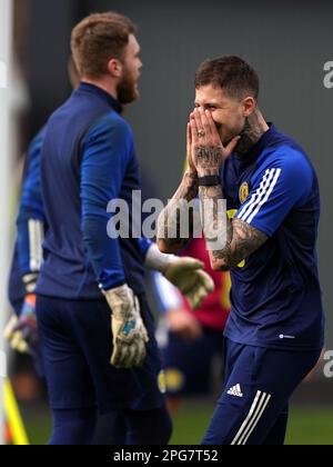 Lyndon Dykes in Scozia durante la sessione di allenamento a Lesser Hampden, Glasgow. Data immagine: Martedì 21 marzo 2023. Foto Stock