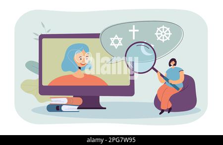 Piccola donna con lente di ingrandimento che guarda video o webinar sulla religione Illustrazione Vettoriale