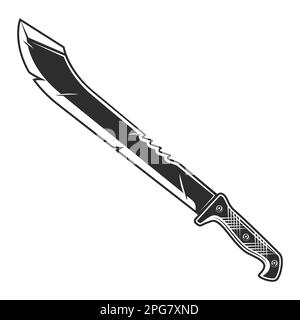 Icona a forma di coltello affilato. Melee arma di cacciatore nella giungla. Vettore bianco e nero isolato su sfondo bianco Illustrazione Vettoriale