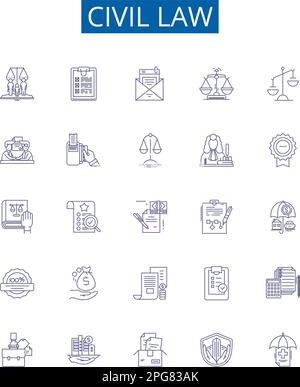 Icone di linea di diritto civile set di segni. Collezione di disegno di civile, legge, comune, contratto, tort, proprietà, successione, vettore di concetto di trust outline Illustrazione Vettoriale