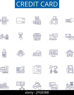 Set di simboli delle icone della linea della carta di credito. Collezione design di carte, credito, debito, Banca, plastica, Finanza, PIN, Visa illustrazioni vettoriali di concetto di contorno Illustrazione Vettoriale