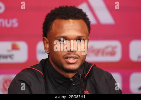 Tubize, Belgio. 21st marzo, 2023. La Lois Openda del Belgio è stata raffigurata nel corso di una sessione di allenamento della nazionale belga di calcio Red Devils, martedì 21 marzo 2023, presso la sede centrale della Royal Belgian Football Association RBFA di Tubize. I Red Devils si stanno preparando per i prossimi giochi contro Svezia e Germania. Credit: Bruno Fahy/Belga Photo/Alamy Live News Foto Stock