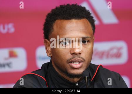 Tubize, Belgio. 21st marzo, 2023. La Lois Openda del Belgio è stata raffigurata nel corso di una sessione di allenamento della nazionale belga di calcio Red Devils, martedì 21 marzo 2023, presso la sede centrale della Royal Belgian Football Association RBFA di Tubize. I Red Devils si stanno preparando per i prossimi giochi contro Svezia e Germania. Credit: Bruno Fahy/Belga Photo/Alamy Live News Foto Stock