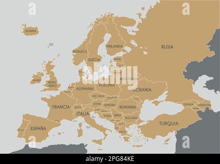 Illustrazione del vettore Europa politica con i nomi dei paesi in spagnolo. Livelli modificabili ed etichettati in modo chiaro. Illustrazione Vettoriale