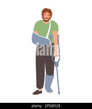 Uomo con stampelle e piede intonacato, mano spezzata Illustrazione Vettoriale