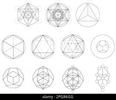 Insieme di elementi geometrici e forme. Geometria Sacra Metatroni sviluppo cubo. Disegni vettoriali Illustrazione Vettoriale