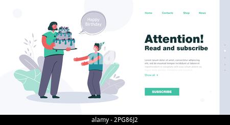 Madre cartone animato con grande torta che desidera buon compleanno a figlio Illustrazione Vettoriale