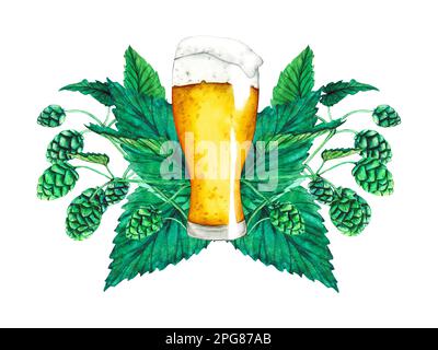 Bicchiere di birra, luppolo e foglie. Collezione di birre acquerello Foto Stock