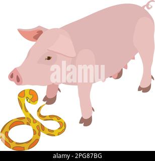 Vettore isometrico icona animale diverso. Animale di maiale rosa vicino all'icona di pitone tigre. Concetto di diversità biologica Illustrazione Vettoriale