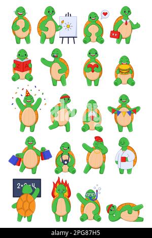 Carino personaggio cartoni animati tartaruga in diverse pose set di adesivi Illustrazione Vettoriale