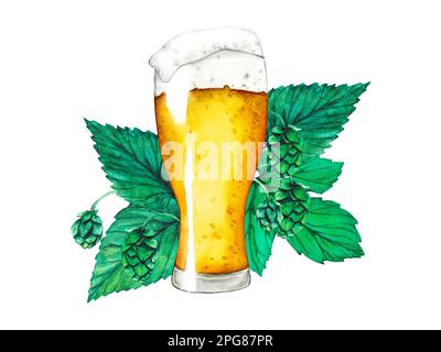 Bicchiere di birra, luppolo e foglie. Collezione di birre acquerello Foto Stock